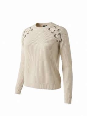 Lace-Up Shoulder Ribbed Crewneck Sweater - Cream Top Blouse